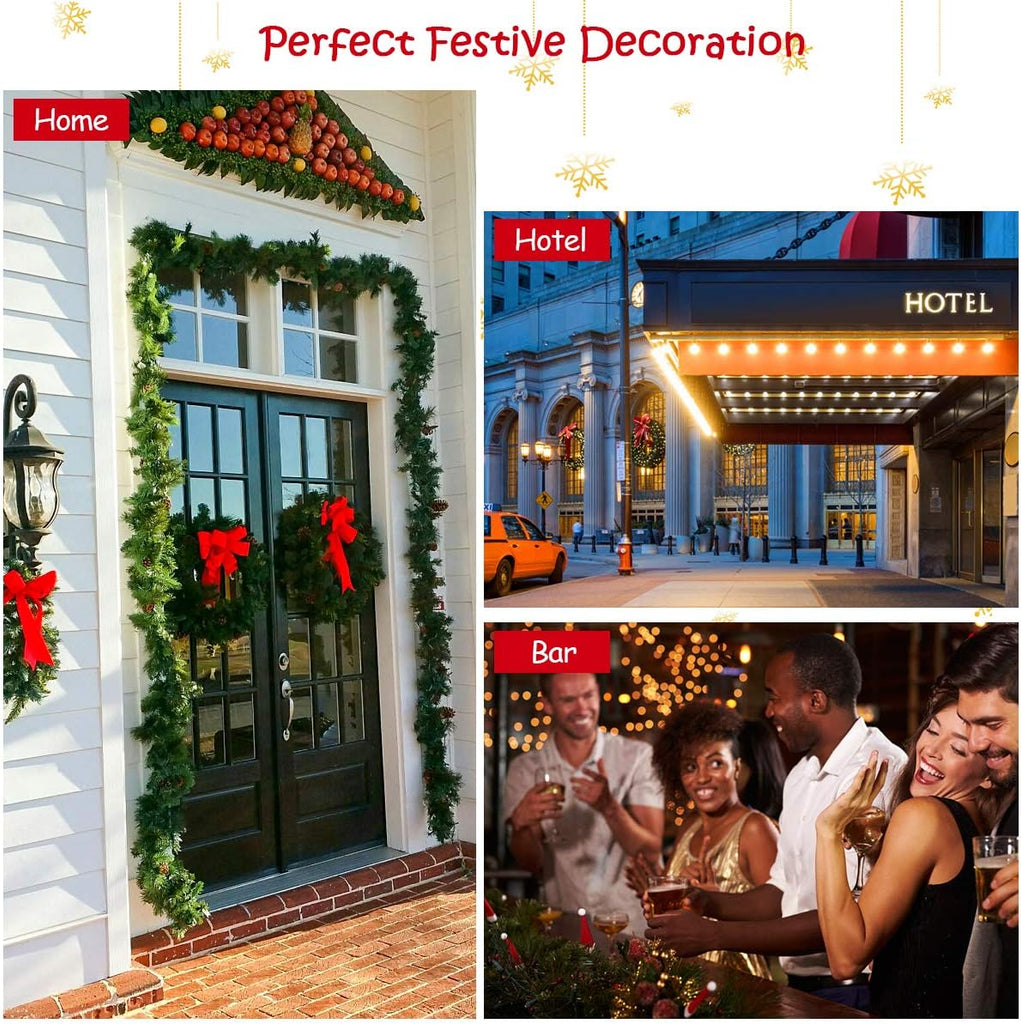 9FT Pre-lit Christmas Garland, Artificial Christmas Pine Rattan w/Timer, 50 LED Lights and Red Berries, Ideal for