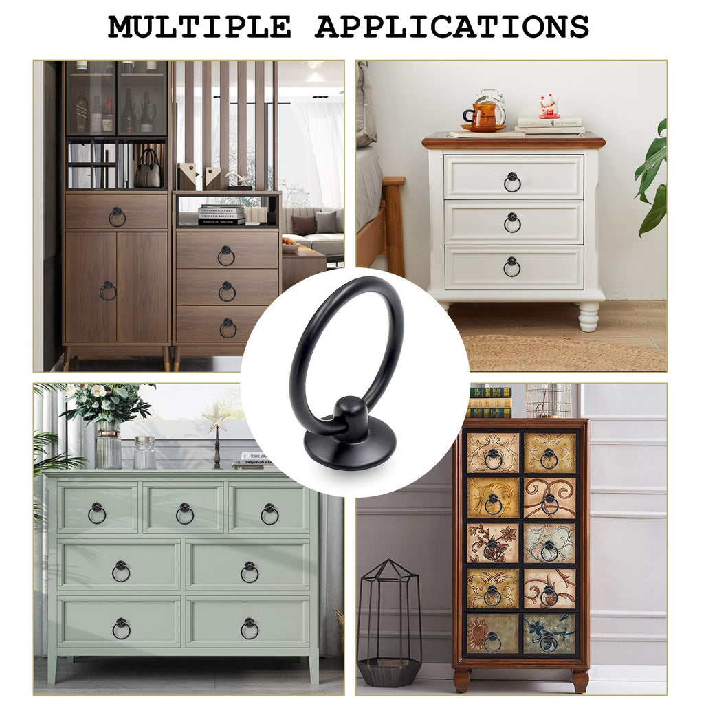 12Pcs Round Ring Drawer Pulls, Matte Black