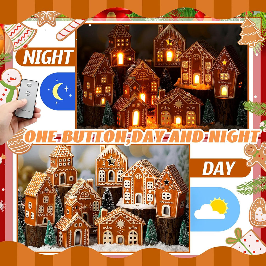 29 PCS LED Gingerbread Christmas Village Sets 8 Lighted Ceramic Gingerbread Village Houses with Remote Control and 13