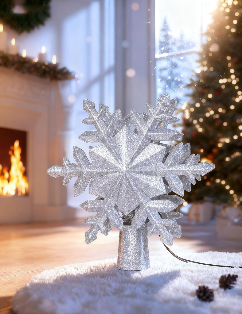 Christmas Tree Topper with Rotating Snowflake Projector, Silver