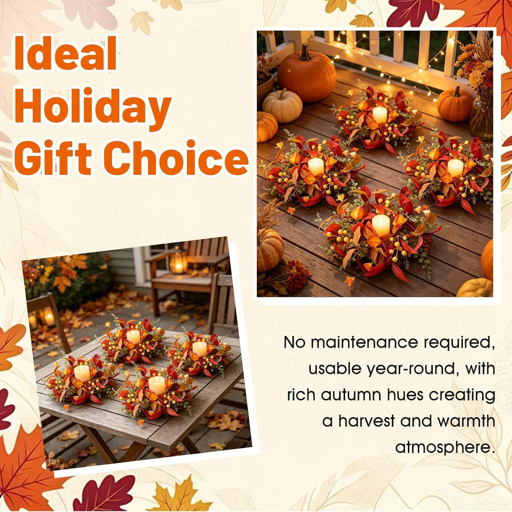 Fall Candle Ring Wreaths Artificial Autumn Candle Holder Wreath - Set of 4