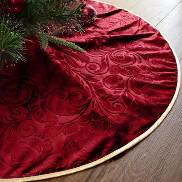 36 Inch Christmas Tree Skirt, Velvet Red Tree Skirts, Xmas Tree Skirts with Embossed Floral Pattern for Merry