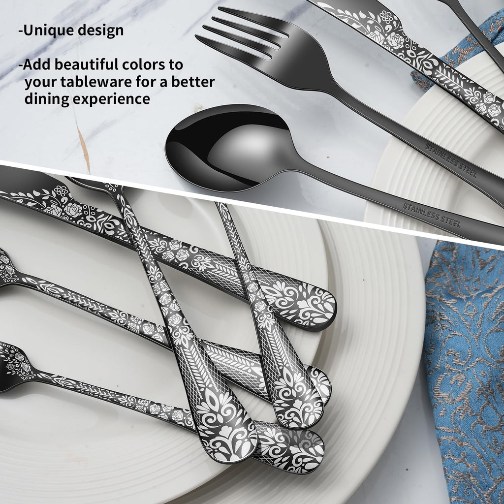 40 Piece Black Silverware Set, Stainless Steel Flatware Cutlery Set Service for 8, Mirror Polished Tableware Eating