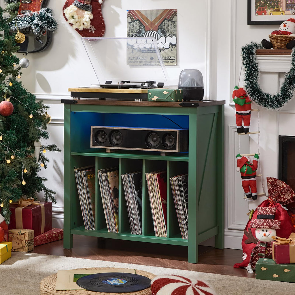 Large Record Player Table with Charger Station & LED Lights, Vinyl Record Storage Player Table up to 230 Albums