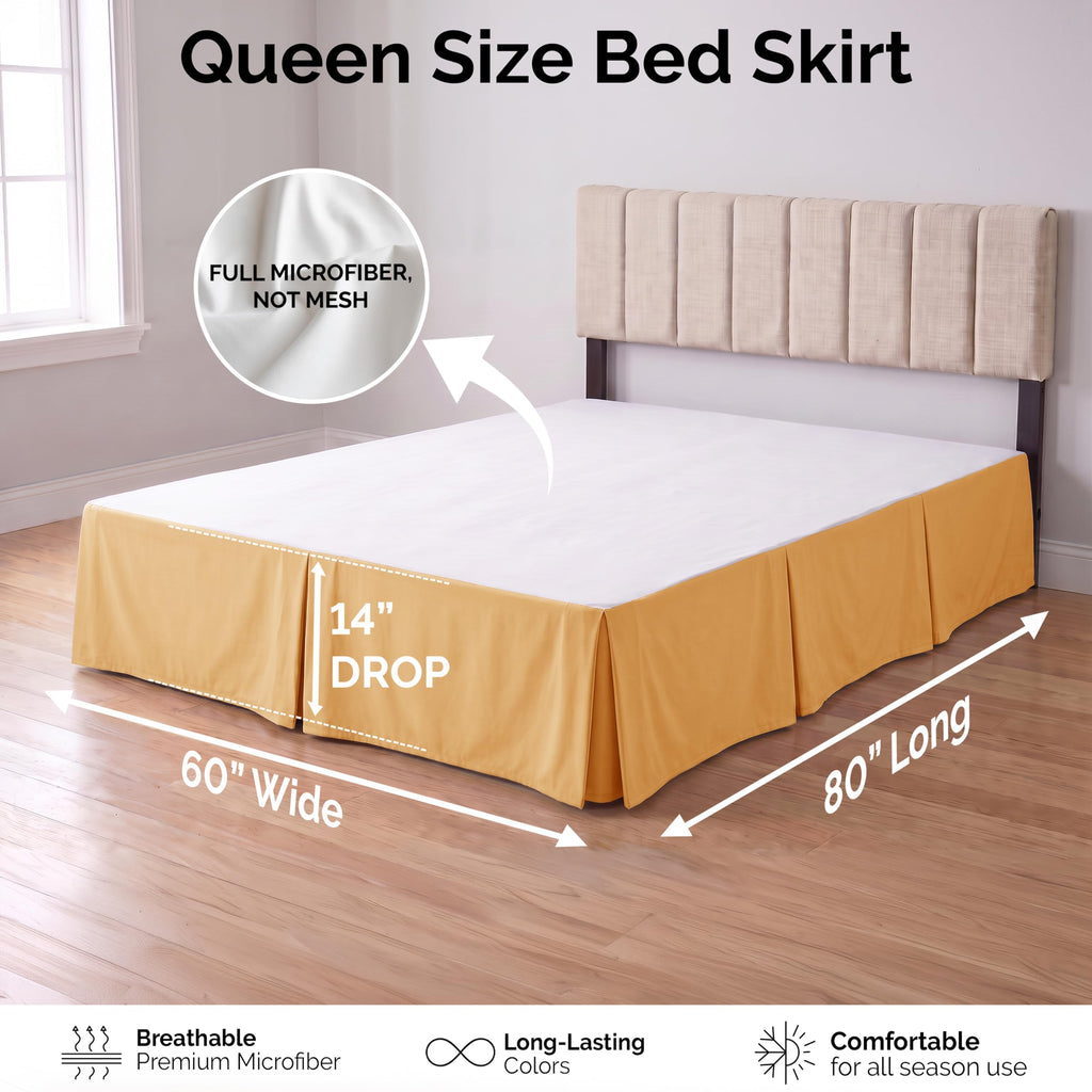 Pleated Queen Bed Skirt 14 Inch Drop Wrinkle Resistant Microfiber Gold