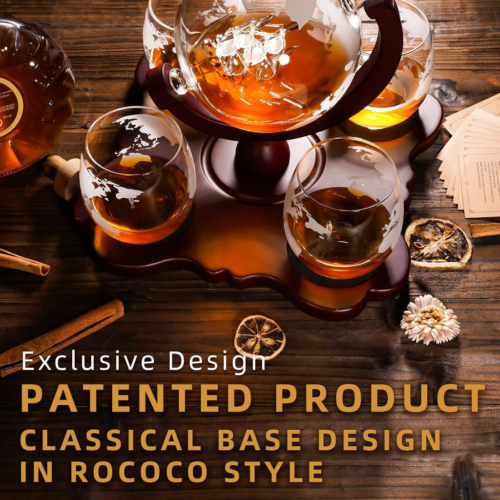 Gifts for Men Dad Husband Fathers Day, Whiskey Globr Decanter Set with 4 Etched Globe Glasses, Unique Anniversary