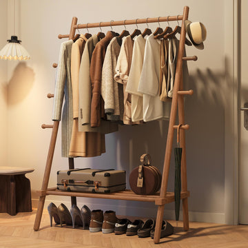 Solid Wood Clothes Rack - Heavy Duty Clothing Racks for Hanging Clothes with 8 Hooks, Portable Garment Rack for Dress