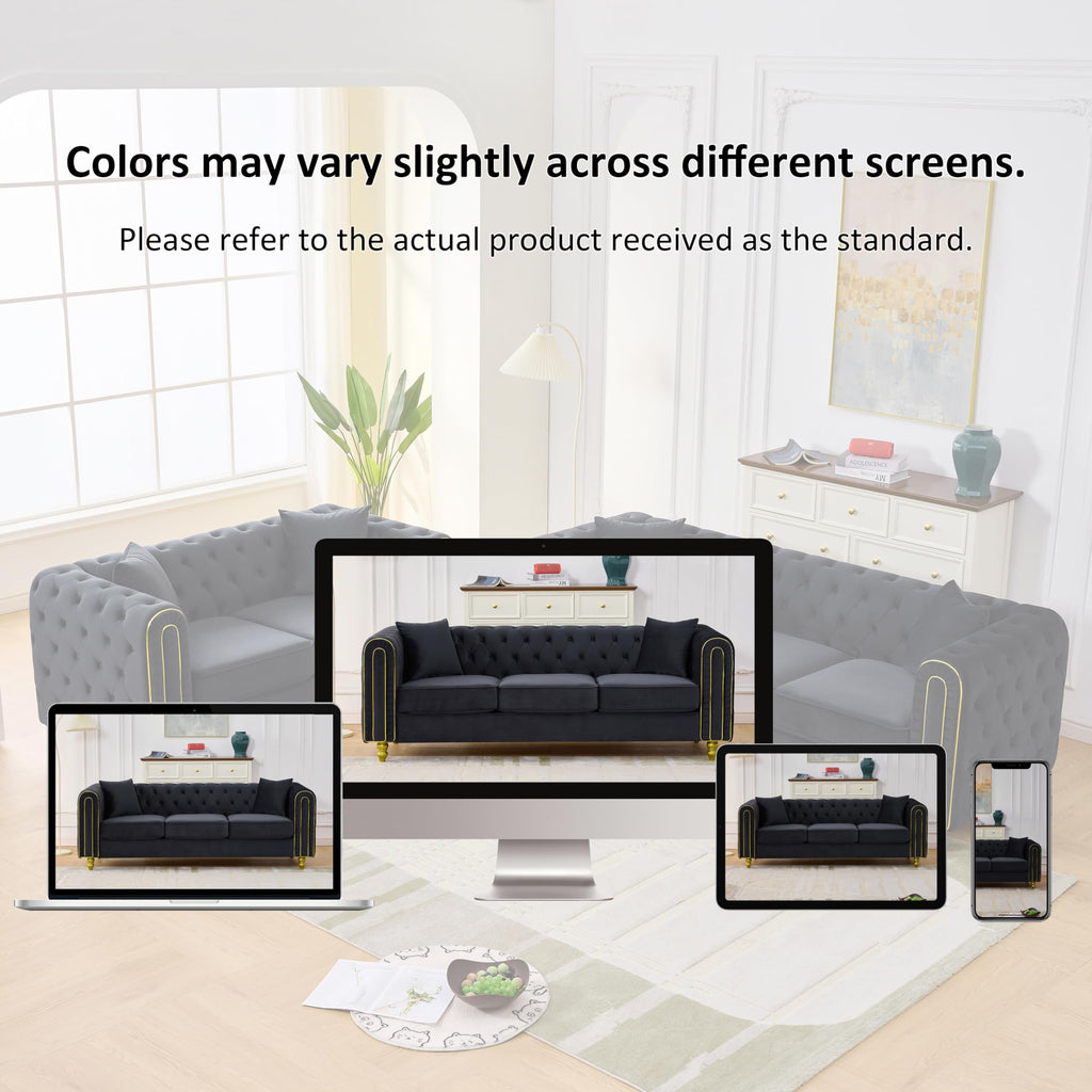 149" Modern Chesterfield Sofa, Luxury 3-Seater Loveseat Set Couch with Button Tufted Rolled Arms and Gold Pine Legs