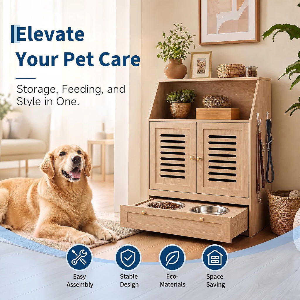 Dog Feeding Station with Storage & 2 Elevated Bowls, Natural