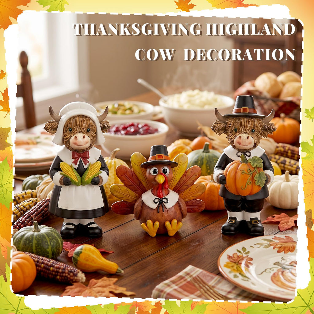 3 Pcs Thanksgiving Highland Cow Figurines, Resin Table Decor