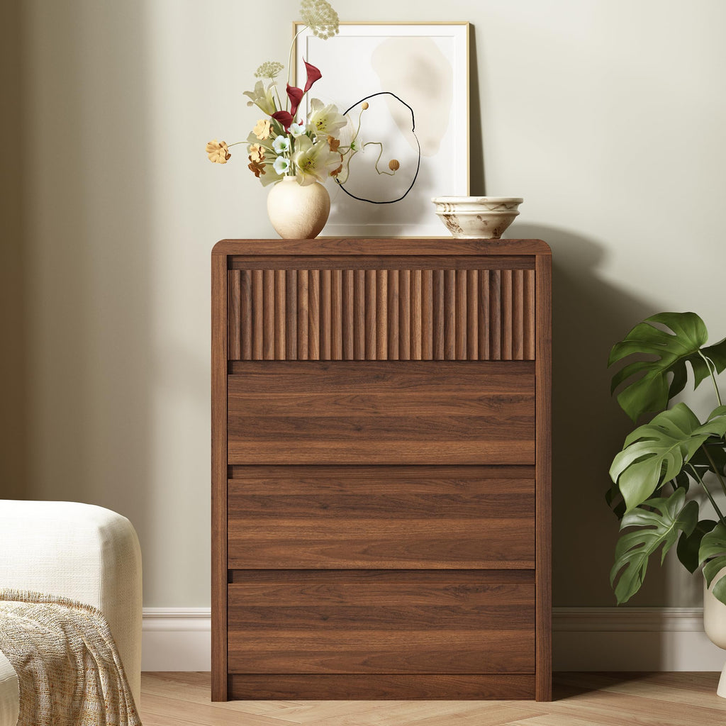 4 Drawer Dresser, 40" Tall Fluted Dresser with Curved Corners, Wood Dressers & Chests of Drawers with Dual-Panel