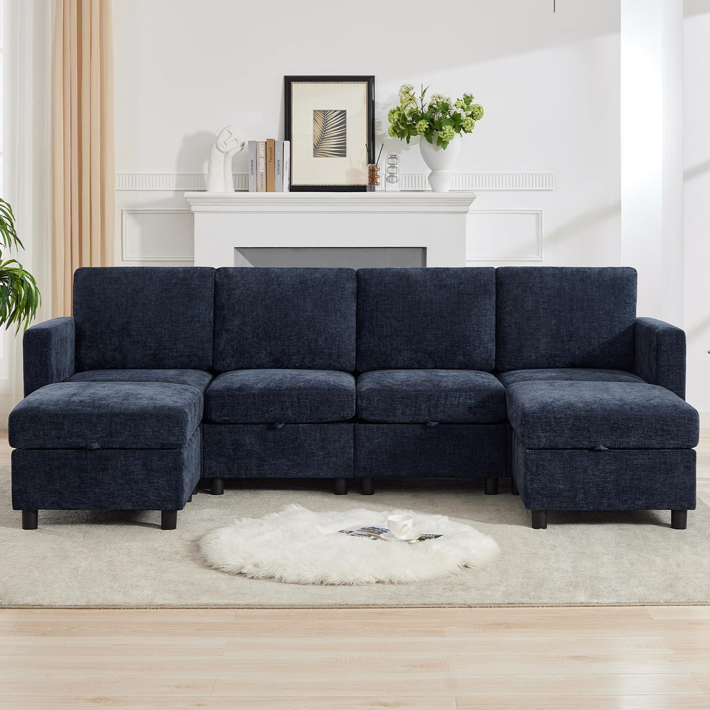 Modular Sectional Couch with Storage, 25'' Storage Sofa Ottoman, Navy