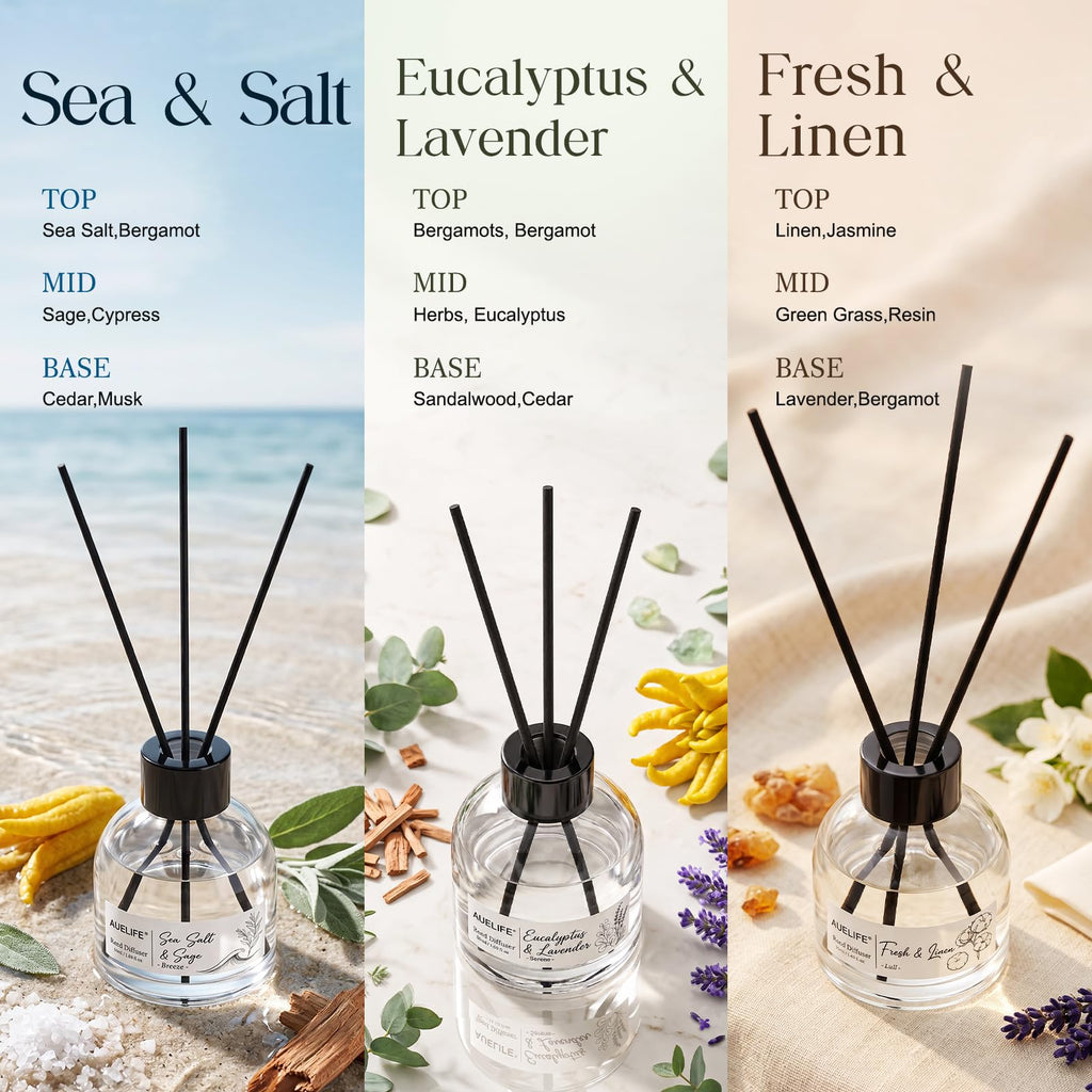 Reed Diffuser Set of 3, Sea Salt/Eucalyptus Lavender/Fresh Linen
