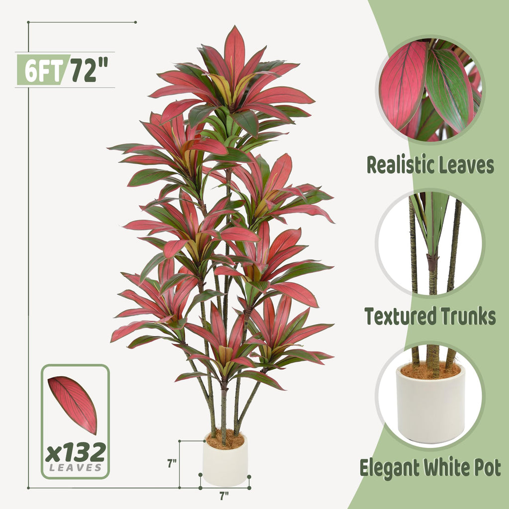 Artificial Red Dracaena Tree 6FT with 132 Leaves & White Planter