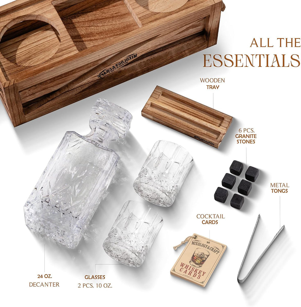 Whiskey Decanter Set - Elegant 24oz Crystal Glasses, Rustic Wood Stand, 6 Chilling Stones, Metal Tongs, Recipe Cards