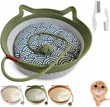 Instinct Basket for Cats, Handwoven Cotton Rope Cat Basket Bed with Toy Ball and Cat Ear Handles, Scratchable