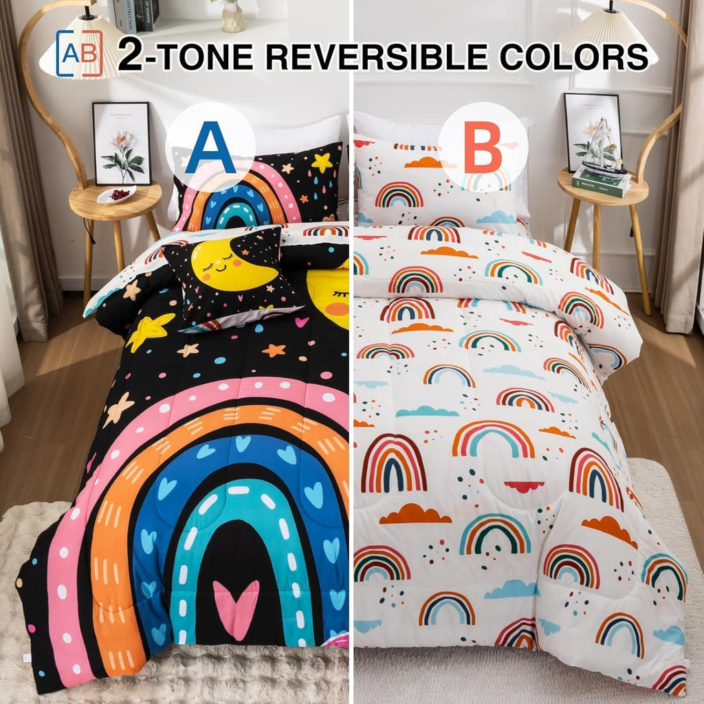 5 Piece Black Rainbow Comforter Set for Girls Boys Kids, Cartoon Cute Moon Stars Bedding Set, Bed in a Bag with