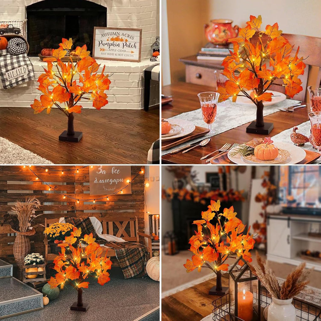 24" Artificial Fall Lighted Maple Tree with Timer, USB/Battery Operated, 24 LEDs & 48 Autumn Leaves, DIY Bendable