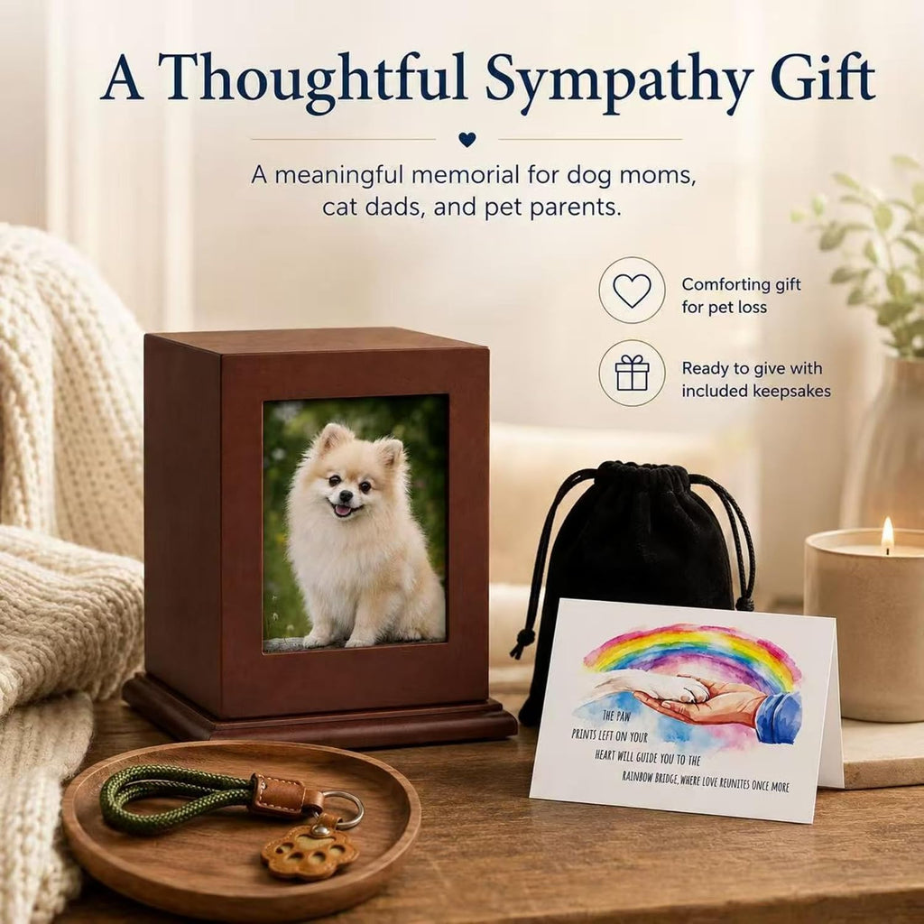 Dog Urn for Ashes - Wood Pet Cremation Box with Photo Frame, Cat Dog