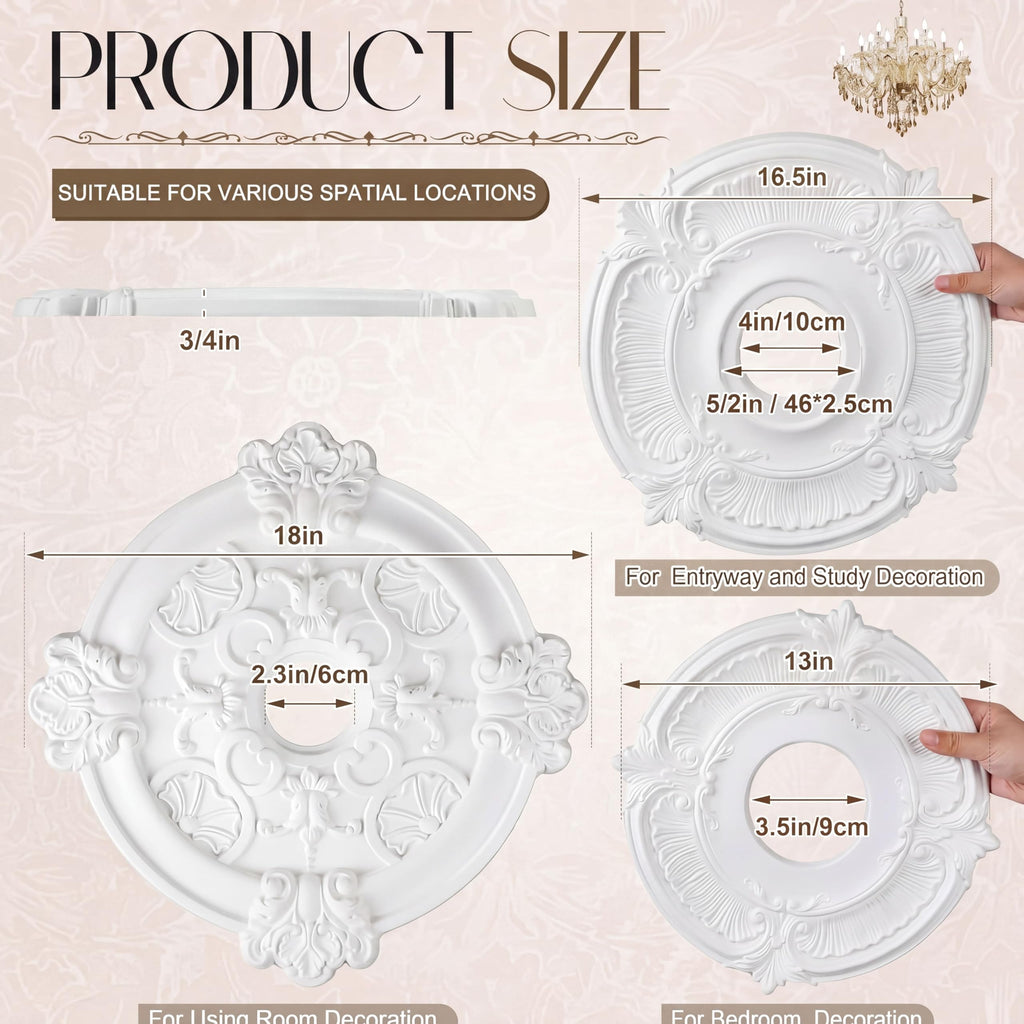 3 Pack Ceiling Medallions for Light Fixtures, Decorative Ceiling Rosettes in 3 Sizes, 13", 16.5" & 18" Od, Durable
