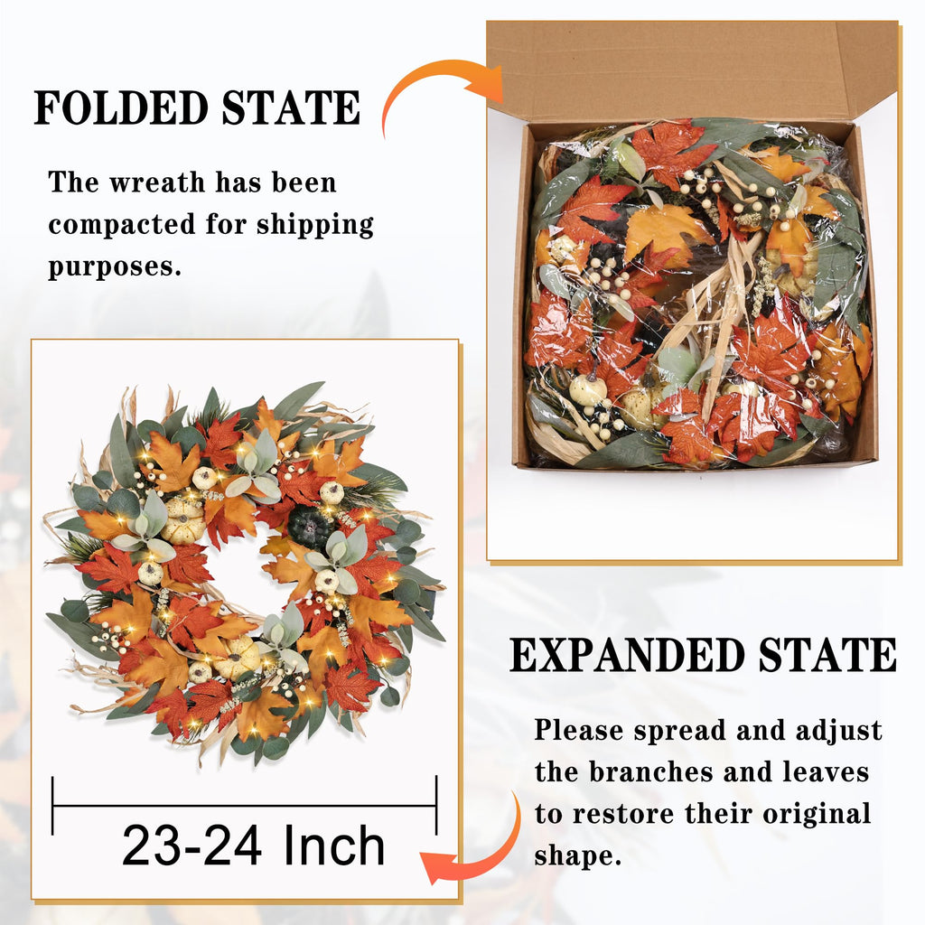 Realistic Fall Wreath with Lights/Timer 24 inch Fall Wreaths for Front Door with Pumpkins Autumn Wreath for