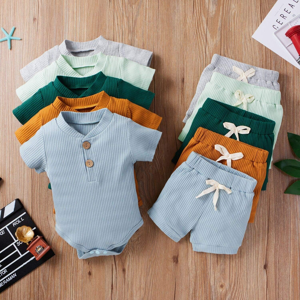 Summer Newborn Baby Boy Girl Clothes Set Ribbed Outfits Unisex Infant Solid Short Sleeve Tops Shorts 2PCS