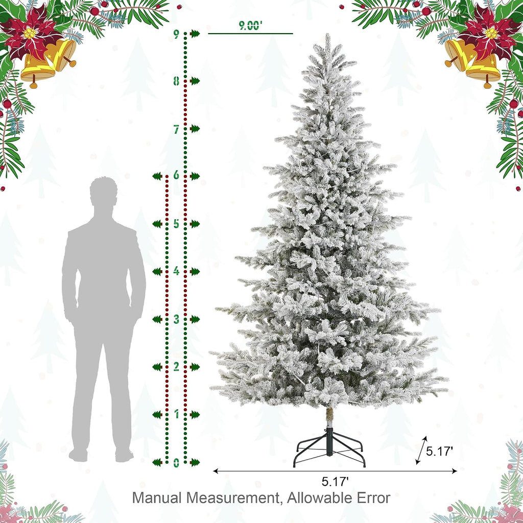 9ft Pre-Lit Artificial Christmas Tree Heavy Snow Flocked Full Christmas Fir Tree with Realistic PE/PVC Frosted