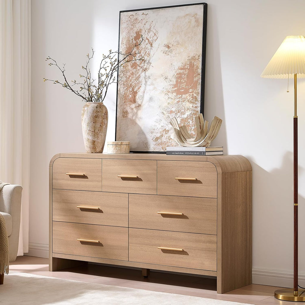 Curved 7 Drawer Dresser , 53.82'' Wide Chest of Drawers, Modern Storage Cabinet TV Stand, FSC Certified 1.18" Thick
