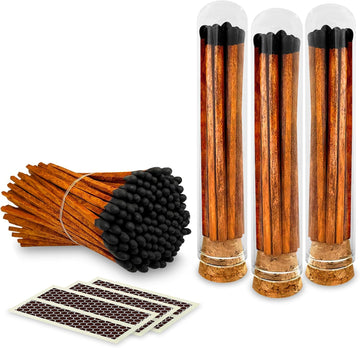 Decorative Matches in Mini Match Cloche Glass Jar Set | 4" Espresso Tip Long Matches (100 match sticks) + 3 Cork Top