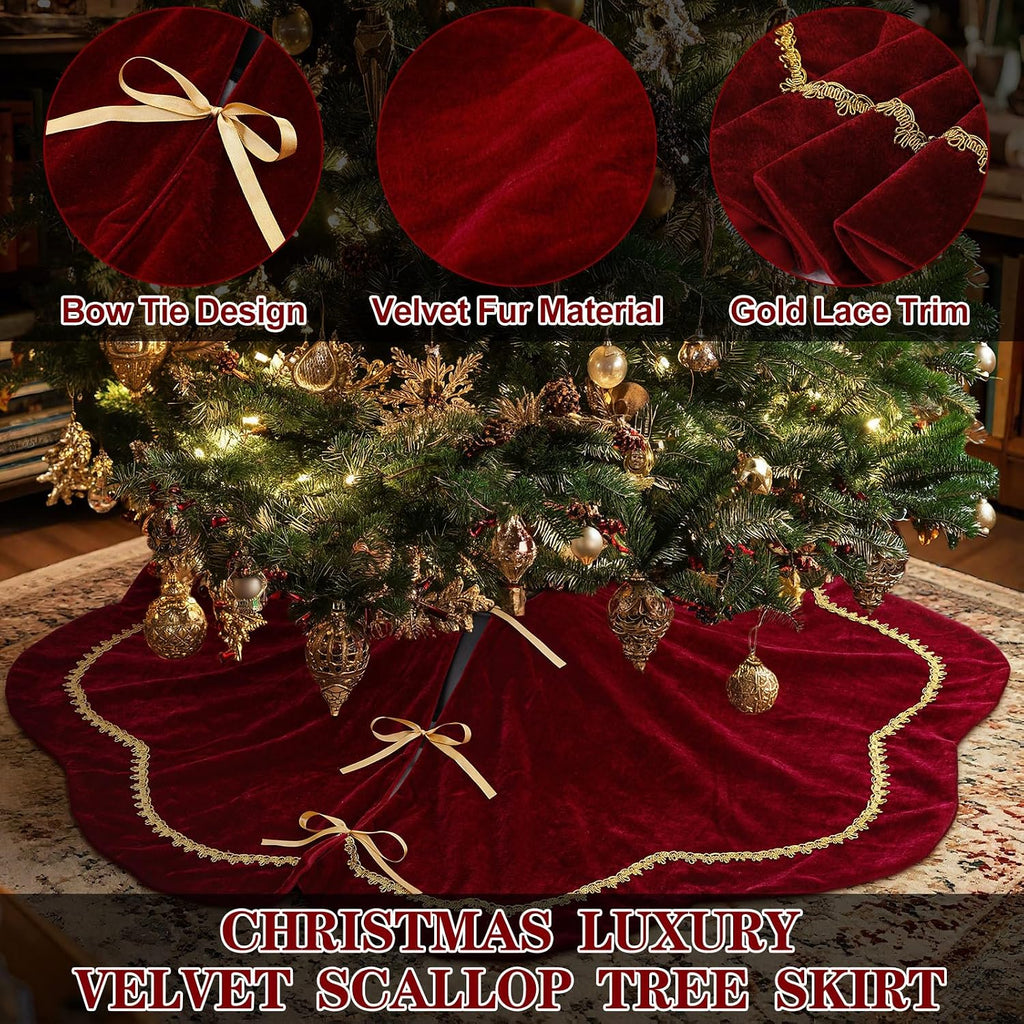 Christmas Tree Skirt Velvet Scallop Edge,48 Inch,Red