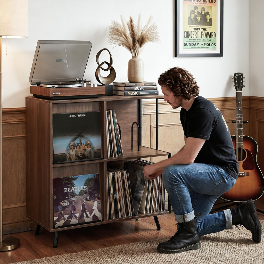 3 Tier Record Player Stand with Flip-Down Record Shelf, Walnut