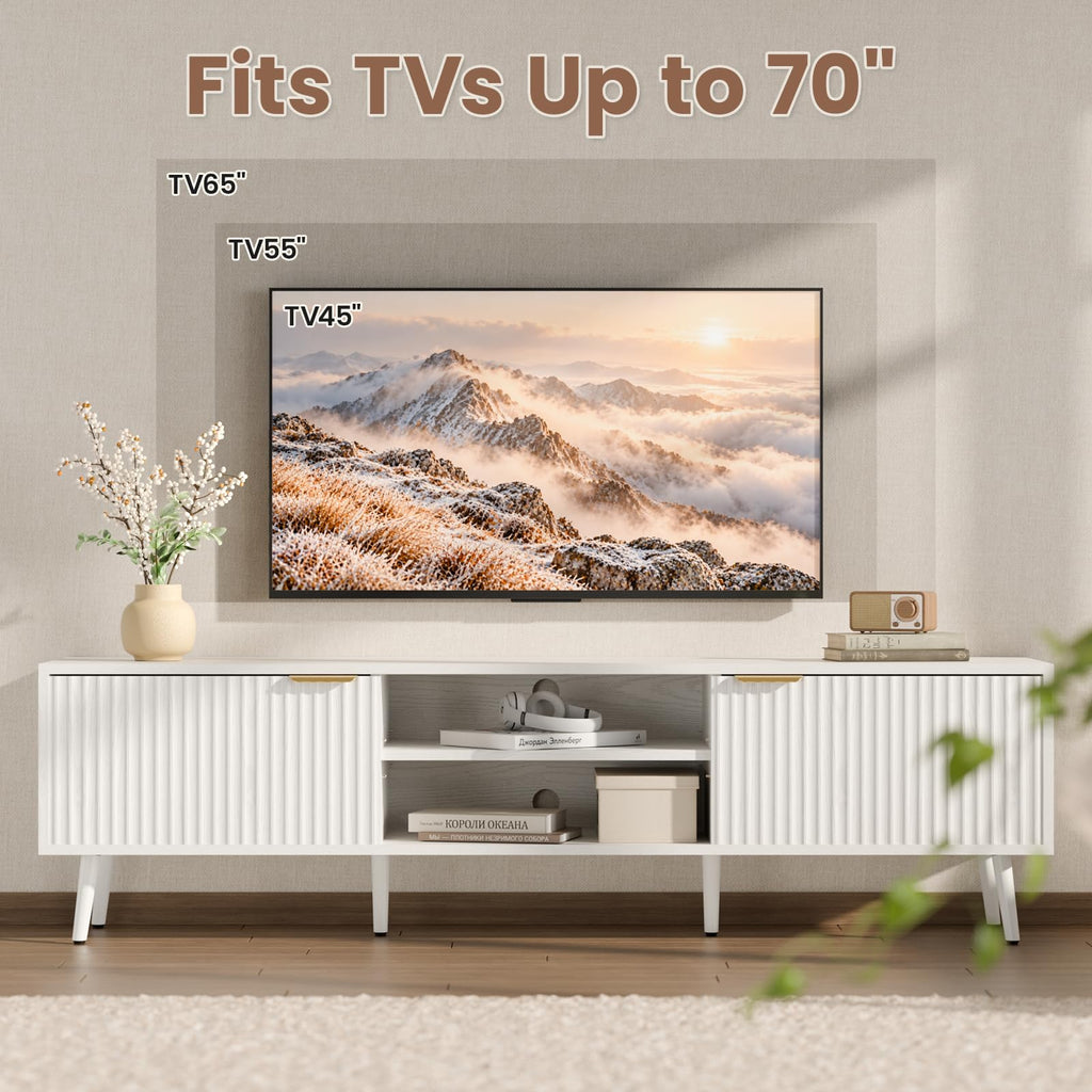 70" TV Stand for TVs up to 65 Inches, Mid Century Modern TV Console with Fluted Doors, Adjustable Shelf & Cable