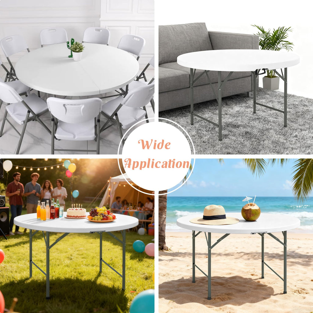 4 FT Round Folding Tables with Carrying Handle Lightweight Portable Plastic Commercial Table Steel Legs for Party