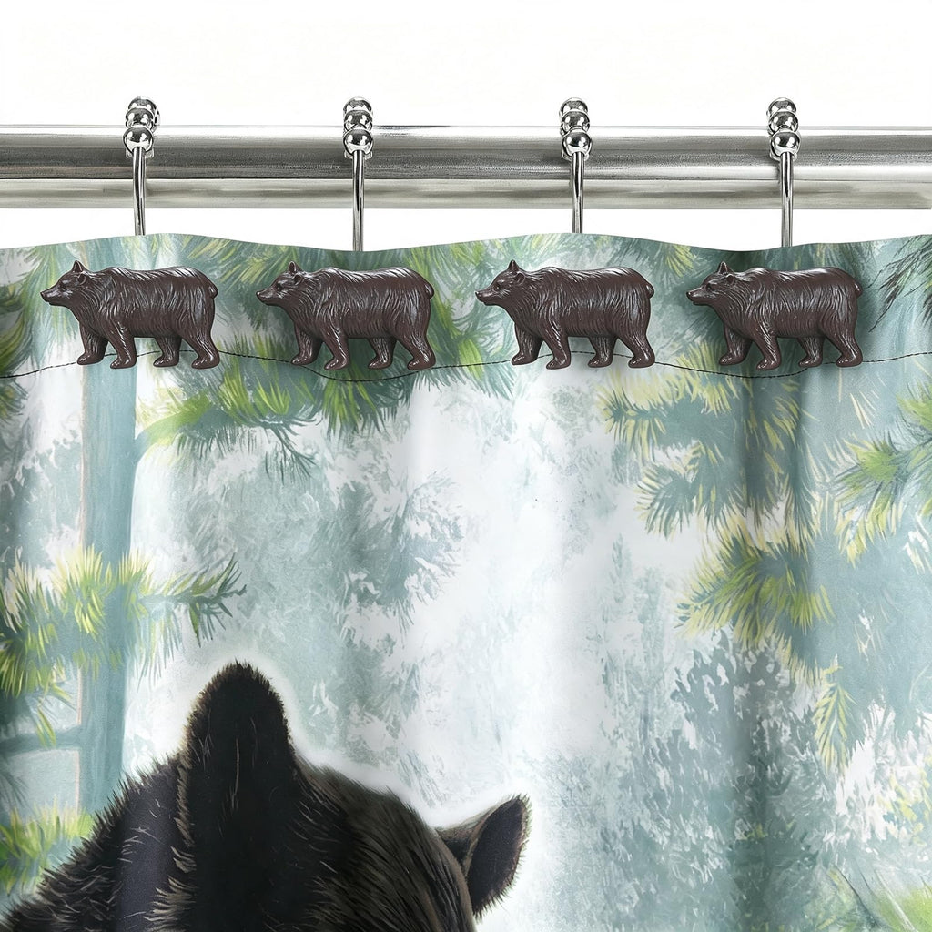 Rustic Cabin Farmhouse Brown Bear Shower Curtain Hooks Rustproof, Set of 12