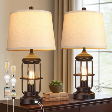 23" Table Lamps Set of 2, Farmhouse Industrial Bedside Lamp