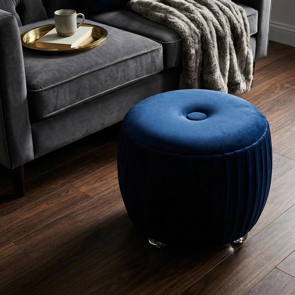 Doles Round Ottoman with Clear Acrylic Legs 16, High, Navy Blue Velvet