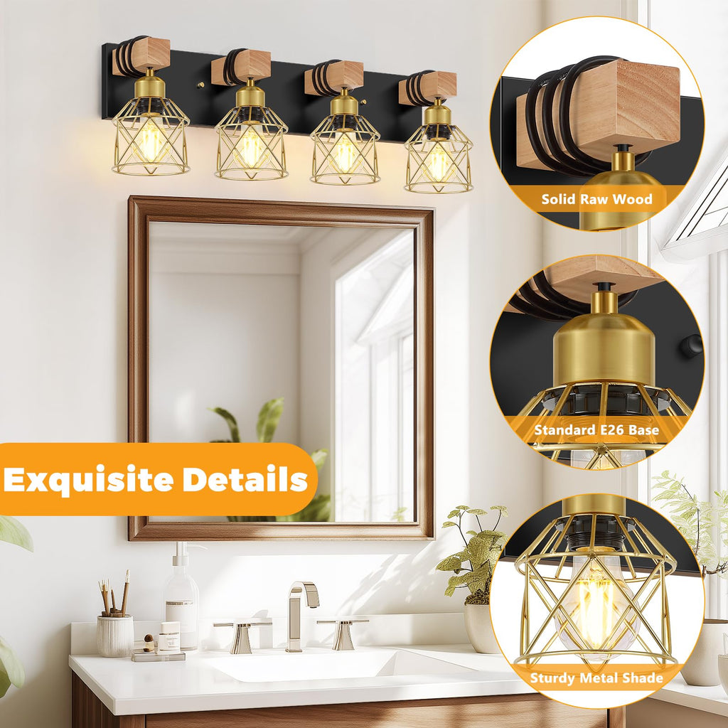 Farmhouse Bathroom Vanity Light Fixtures, 4-Light Wood Bathroom Lighting Over Mirror, Rustic Black Gold Sconces Wall