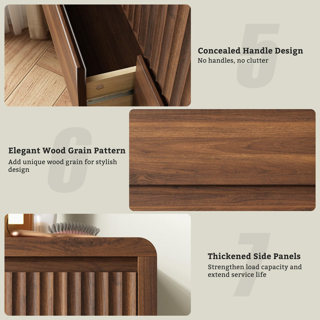 Walnut Fluted 9 Drawer Dresser, Curved Edge, 50" Wide