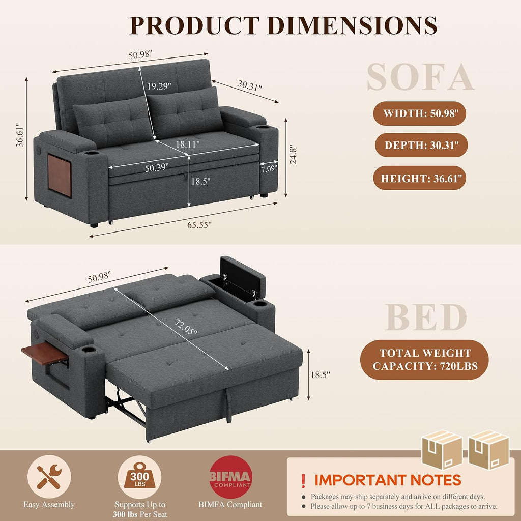 65'' Convertible Futon Sofa Bed, Fabric Pull Out Couch, Dark Grey | 3-in-1 Loveseat Sleeper Sofa with Adjustable