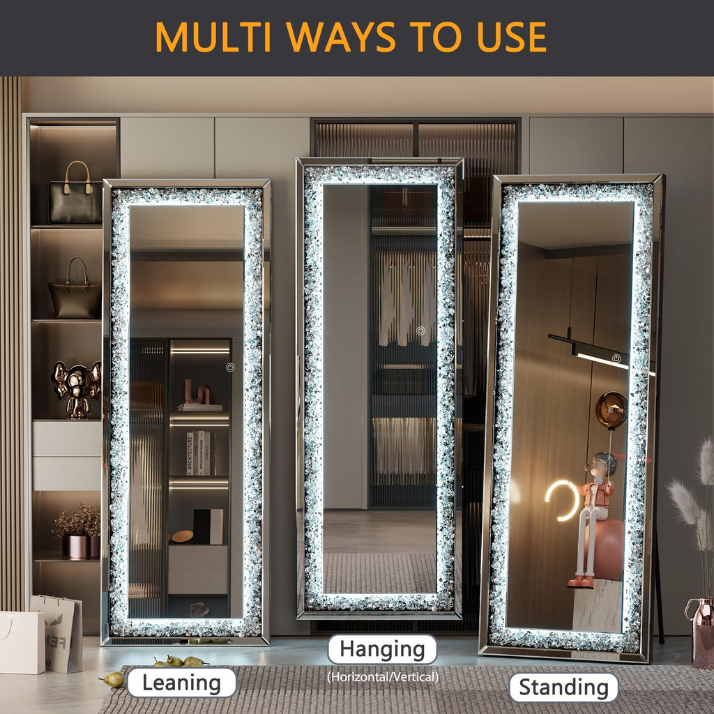 61"×22" LED Full-Length Mirror Crystal Crush Diamond, Wall Mounted Diamond Mirror Leaning Bedroom Dimming & 3 Color