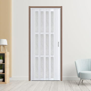 36" x 80" Accordion Door with Frosted Window and Lock, White