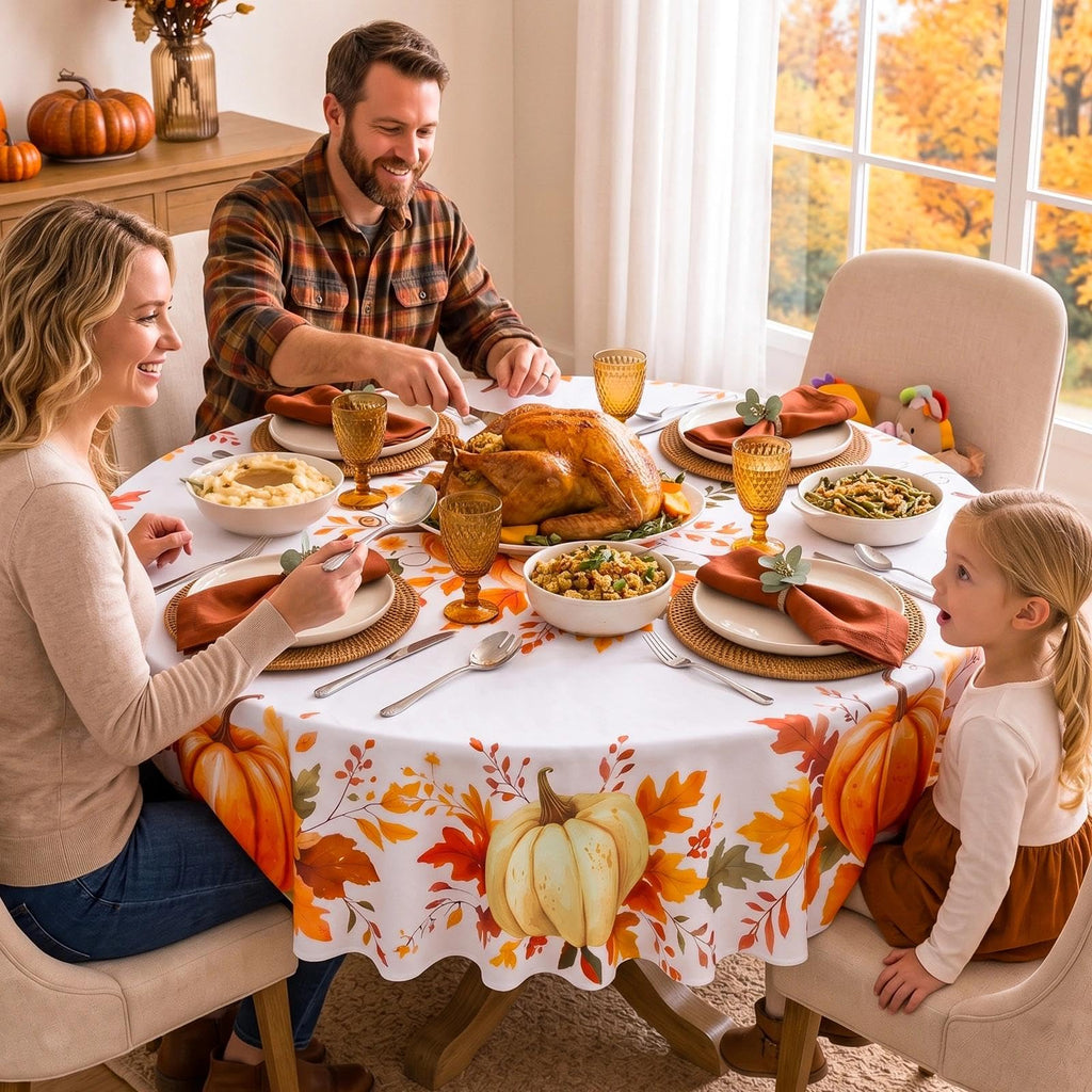 Fall Round Tablecloth, 70 Inch Thanksgiving Orange Pumpkin Farmhouse Decor