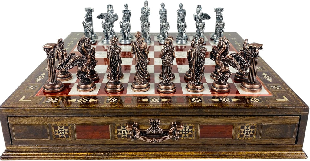 Premium Handmade Chess Set with Storage Drawer- Ancient Greek Mythology Themed Metal Chess Pieces- 15" Personalizable