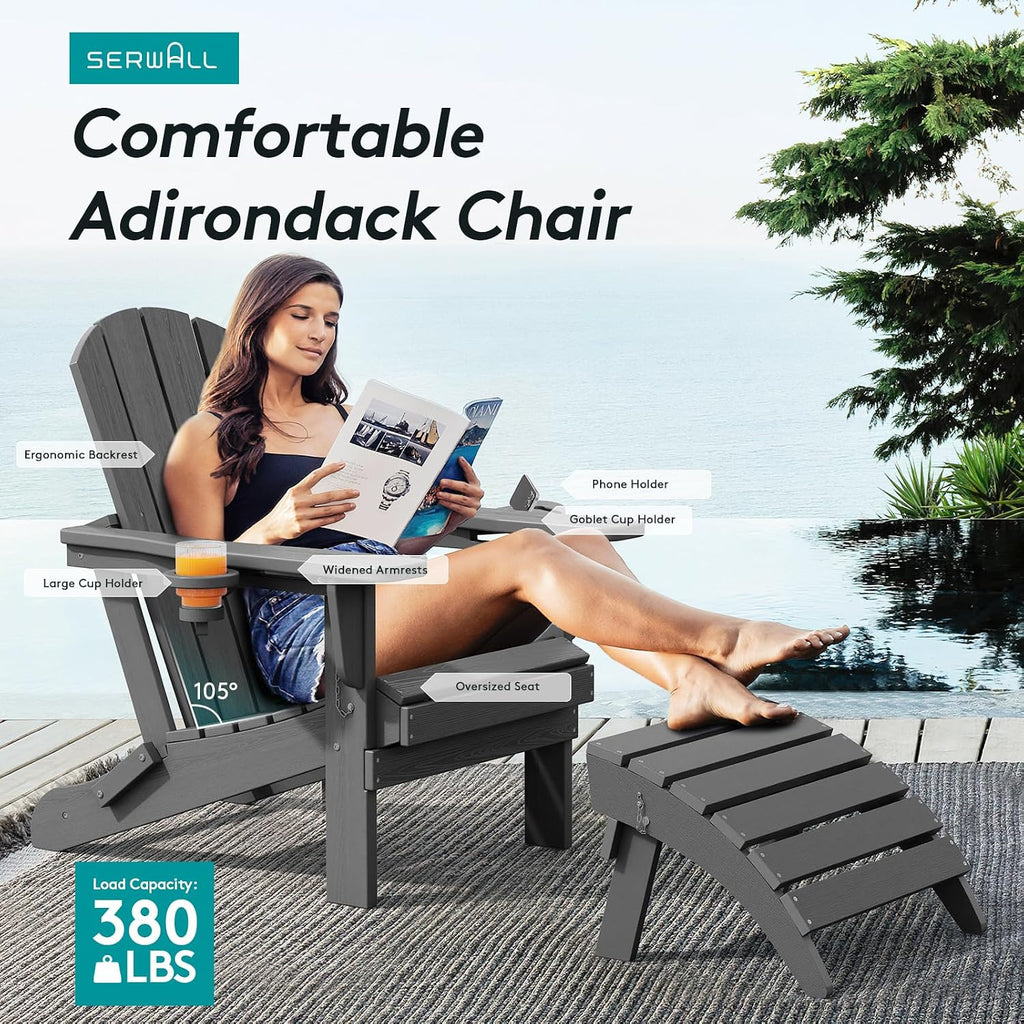 Outdoor Adirondack Chair Set of 2 with Cup Holders,Grey | HDPE Composite,Waterproof,Wood Grain,Cup & Phone
