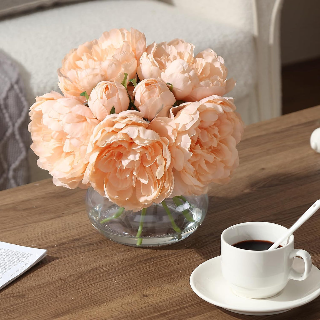 Real Touch Artificial Peonies in Glass Vase, 6 Stems Faux Flowers with Faux Water, Silk Peony Arrangements - Set of 7