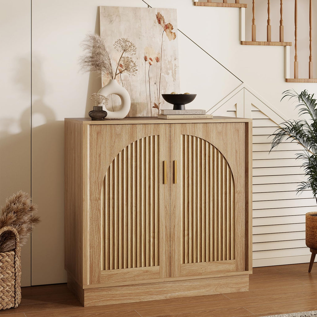 31.5" Fluted Sideboard Cabinet with Arched Doors, Buffet Cabinet, Light Oak