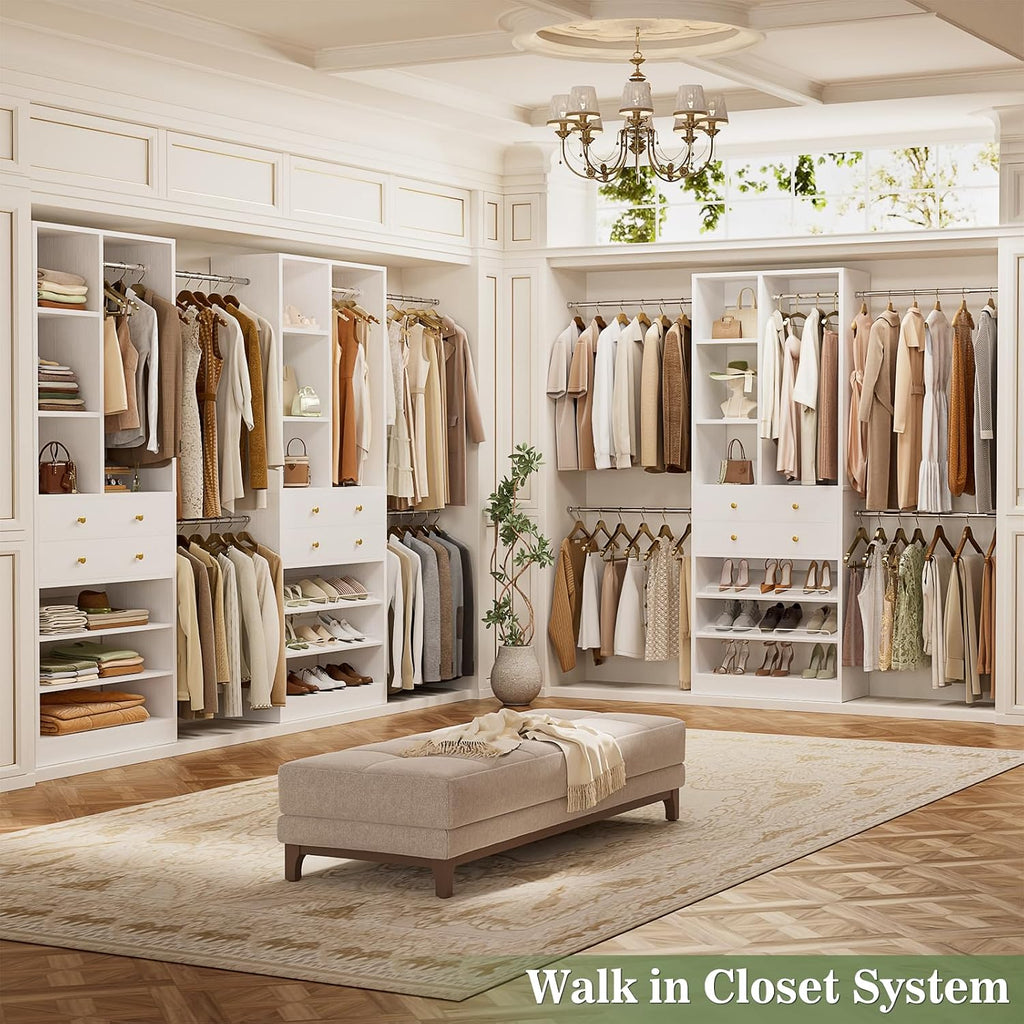 Closet System, 4.2-8.8 FT Closet Organizer with 2 Wooden Drawers and Shelves, Walk-in Closet System with 5 Hang Rods