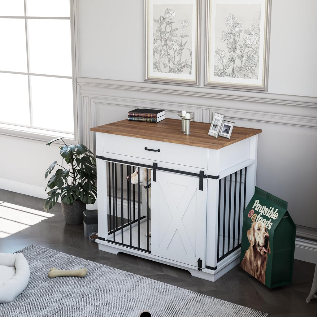 37.8'' Dog Crate Furniture with Storage Drawer, Decorative Wooden Dog Kennel with Sliding Barn Door, Indoor Water
