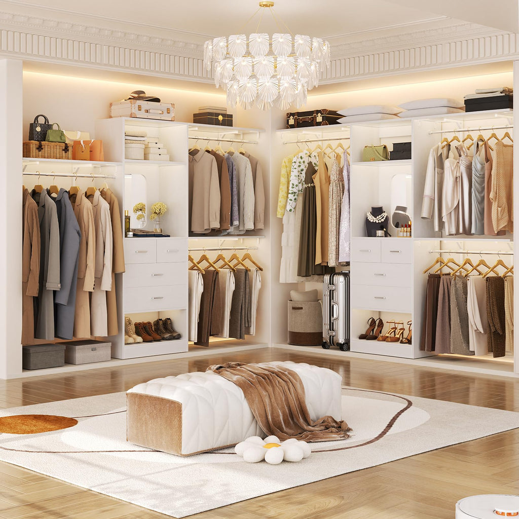 8FT Closet System with 4 Drawers, 96" Wood Closet Organizer with Mirror and Hanging Rods, Sturdy Walk in Wardrobe