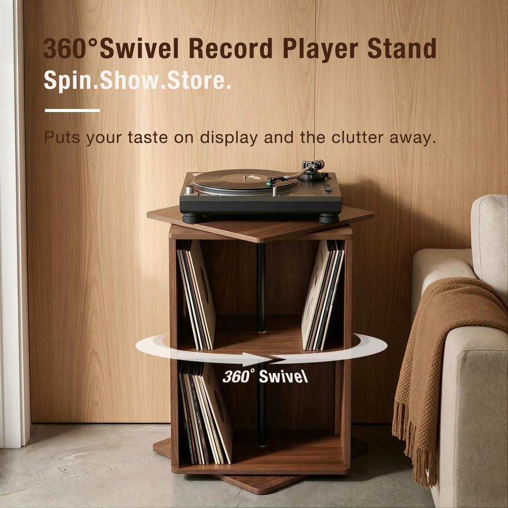 Swivel Record Player Stand with Storage Cabinet & Cover Holder